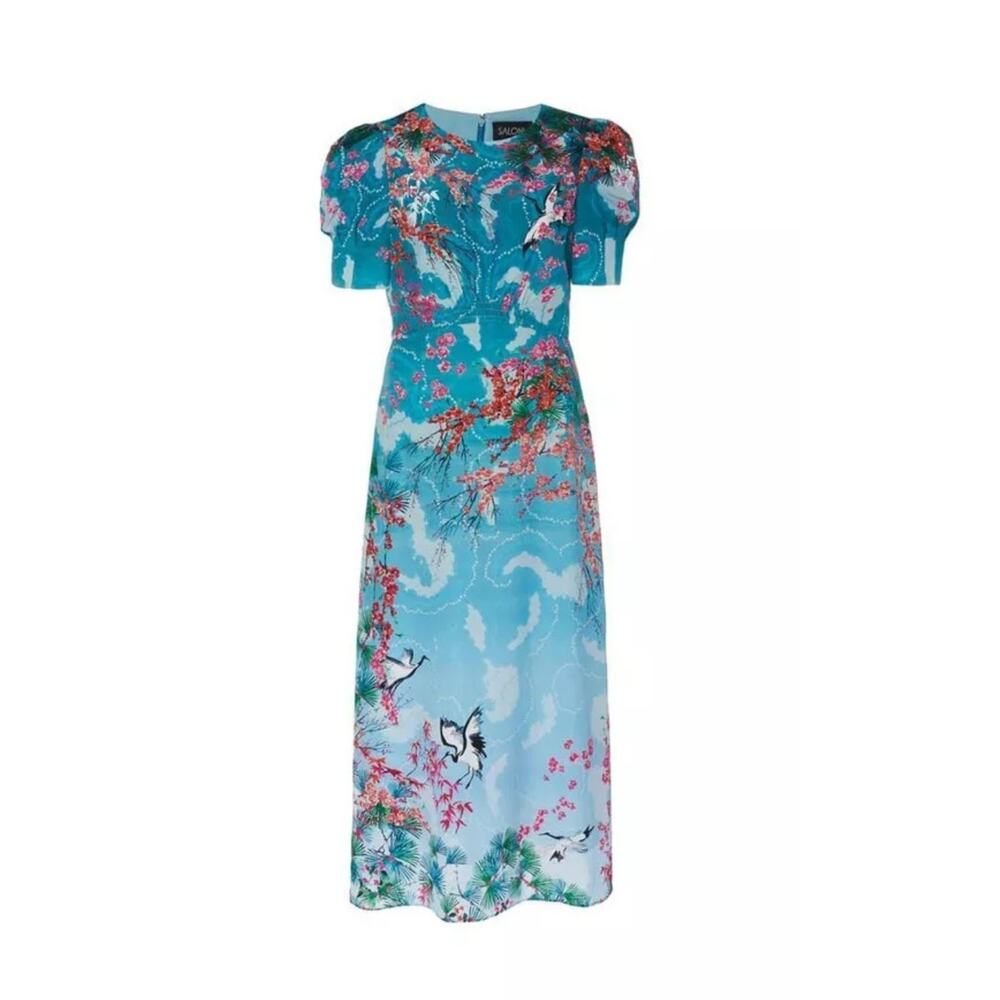 NWT $975 SALONI Bianca Blue Hanami Clouds Pure Silk Jacquard Crepe Chine Dress 4 - Picture 3 of 13